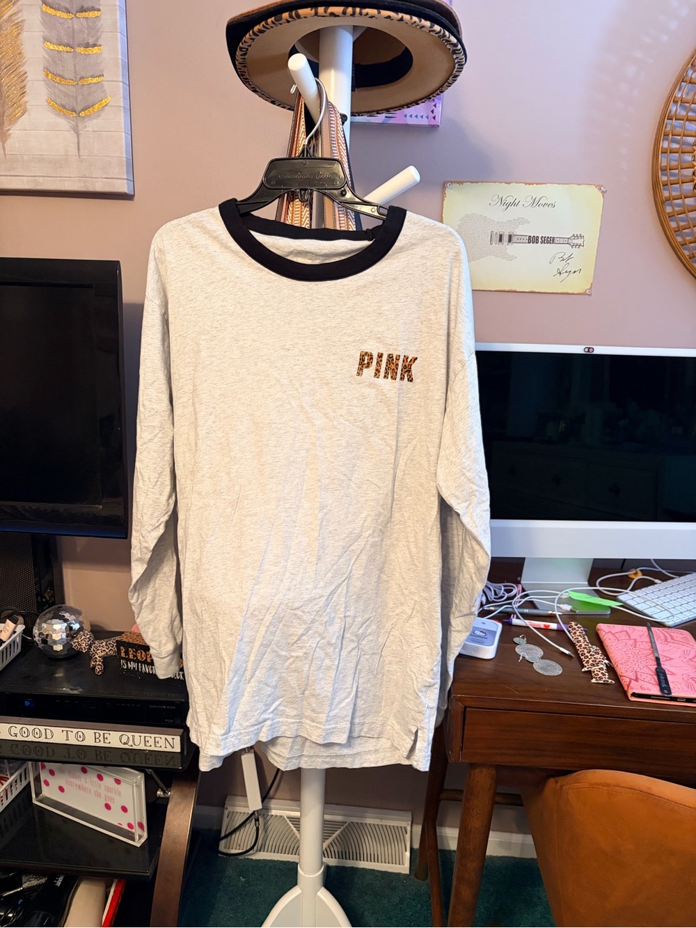 PINK Victoria's Secret White Long Sleeve Tee with Black Collar and Gold Logo
